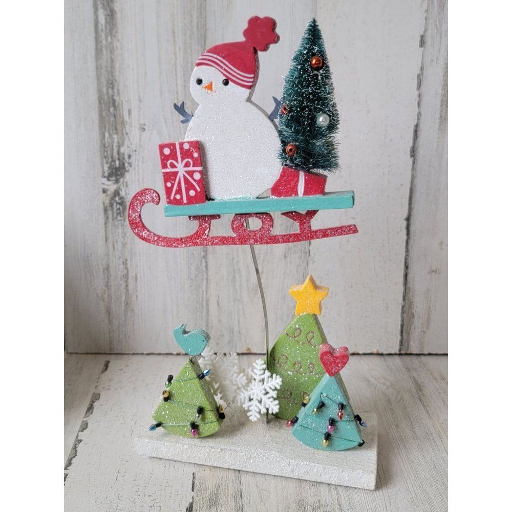 Joy snowman sled tree figure Xmas Decor bird heart glitter